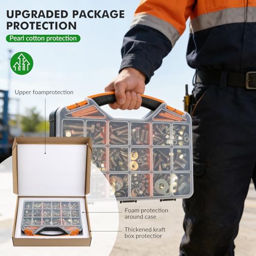 Image of 540pcs SAE 1 /4 inch 5 /16 inch 3 /8 inch 7 /16 inch 1 /2 inch Nylon Locknut Hex Bolt Flat Washer Assortment Kit by Color Galvanization,Alloy Steel,Grade 5.Length 1 /2 inch- 2 inch.23 Common Size for Automative,Fixture,DIY Design.