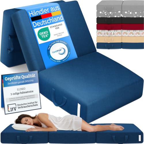 ELONEO Klappmatratze Gästematratze 3-teilige Faltmatratze Schaumstoff extra dick (15cm) waschbar Bandscheibenwürfel klappbar Faltbare Matratze Erwachsene (Blau 75 x 195 x 15 cm)