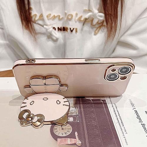 Image of KC Back Cover for Oneplus Nord CE 3 5G - Hidden Mirror Hellow Kitten Folding Bracket Kickstand Electroplated Soft Silicone Camera Protection Case - Pink