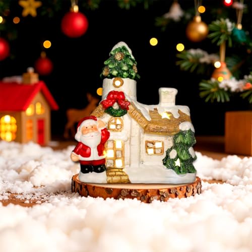 Decoração Natalina Casa do Papai Noel com Neve Iluminada LED Casa Enfeite Cenário Vila Para Mesas Pr