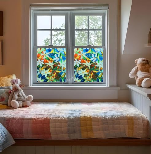 Image of WALLMATE Floral Window Privacy Film Non-Adhesive Reusable Decorative Glass Sticker for Bathroom Bedroom Living Room Sunroof (Mystic Frosted, 12x80 in)