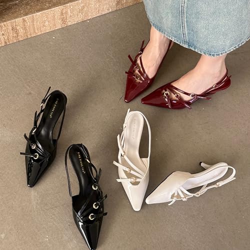 Women's Pointed Toe Kitten Heels Buckle Pumps,Sexy Slingback Adjustable Metallic Multi-Buckle Low Heel Sandals Slip On Office Party Dress Pumps Shoes 7
