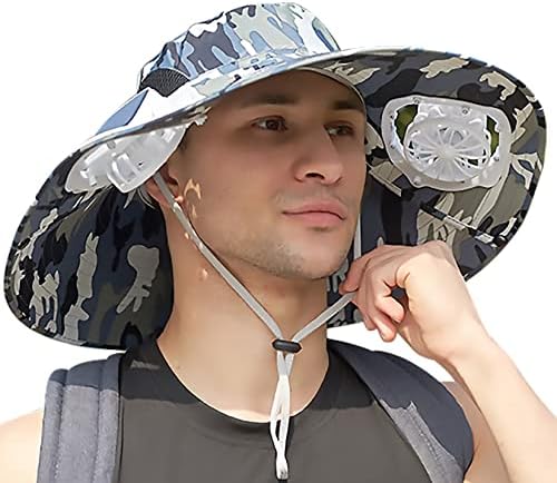 Sun Hat with 2 Solar Fan, Mens Summer UV Protection Wide Brim Fishing Hats Cowboy Hat Fisherman Hat Beach Hats Garden Hat for Outdoor Sports, USB Charging Navy