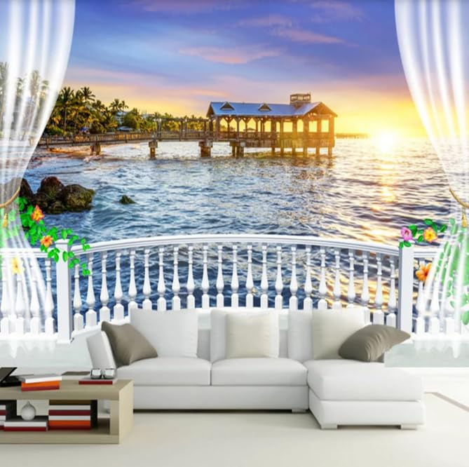 Papier Peint 3D Balcon Vue Mer panoramique 200x140 poster mural salon chambre
