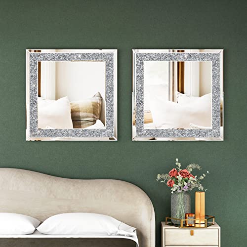 Shyfoy Crystal Mirrors For Wall Decor Decorative Wall Mirror Silver Sparkly Crush Diamond Hanging Wall-Mounted Mirror For Living Room Stunning Home Décor Modern Glass Art 24"X24" #TOP2