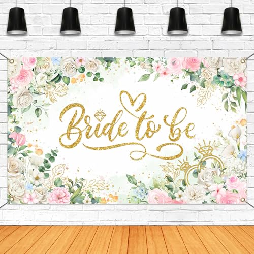 Mocsicka Bride to Be Banner Floral Bridal Shower Party Backdrop Spring Flowers Wedding Party Decorations Pink for Engagement Background for Photography (Pink and Gold 70.8 x 43.3 Inch)