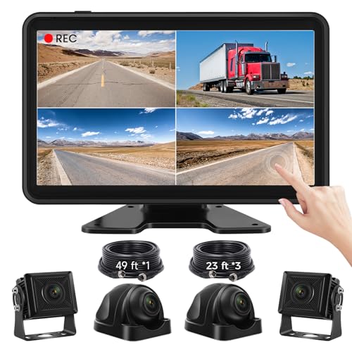 Losuudy Wired Backup Camera System with 10.1" Touch Monitor, 4 HD 1080P Rear View& Side View Cameras, 4 Split Screen, Night Vision, IP68 Waterproof Back up Camera for Truck/RV/Trailer/Bus/Tractor..