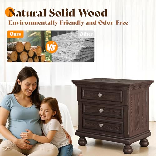 AMERLIFE Solid Wood 3 Piece Bedroom Set Including 65.2\" High King Bed Frame, Fully Assembled Nightstands Set of 2 with 2 Storage Drawers for Bedroom, Dark Brown