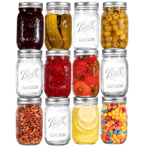 Ball Regular Mouth Mason Jars 16 oz. (12 Pack) - Pint Size Jars with Airtight Lids and Bands for Canning, Fermenting, Pickling, Meal Prep or DIY Decors and Projects Bundled with Peaknip Jar Opener