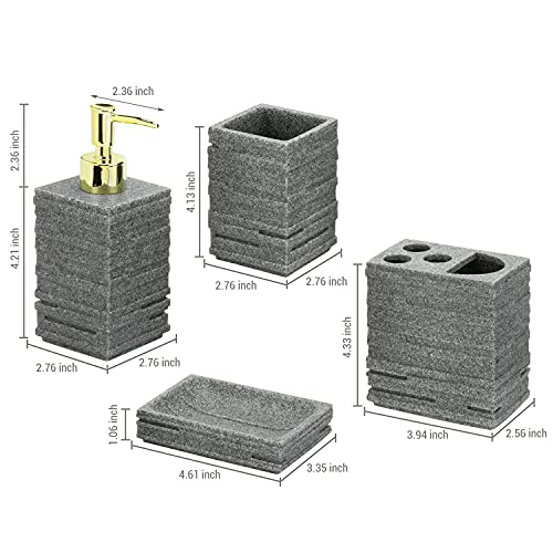 Mygift 4 Piece Gray Bathroom Accessories Set, Modern Stone Style Bath Decor Countertop Organizers Includes Brass Tone Lotion/Liquid Soap Dispenser Pump, Toothbrush Holder, Tumbler, And Soap Dish #TOP4