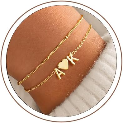 Turandoss Gifts for Teen Girls Kids - 2 Initial Heart Bracelets, Dainty Layered 14K-Gold-Plated Heart Letter A-Z Charm Bracelets, Birthday Gifts for Women Girls Mom Daughter Jewelry