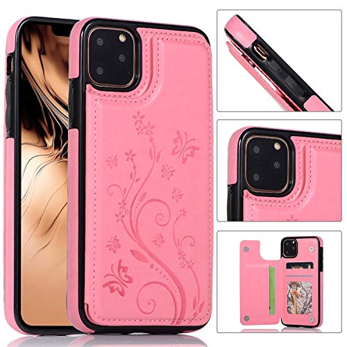 QFUN Back Wallet Case for iphone 11 Pro Max with Stand, Elegant Embossed Design [Butterfly Flower] Lightweight Slim Fit Leather Phone Case with Card Holder Protective Bumper Flip Cover - Pink