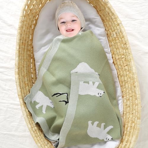 mimixiong Baby Blanket 100% Soft Cotton Baby Gift Cute Cartoon Polar Bear Baby Blankets for Newborn Boy Girls Light Green - Image 2