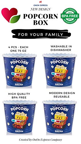 Ononexpress Modern Style Reusable Plastic Popcorn Box / Popcorn Containers / Popcorn Bowls Set For Movie Theater Night - (Bpa Free - Blue 4 Pack-75 Oz) #TOP2