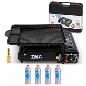 Z.M.C Gaskocher 1-flammig inkl. Adapter für LPG + Aufbewahrungskoffer + Grillplatte 33x26x4cm + 4 Gaskartuschen 227g, Campingkocher mit Piezozündung