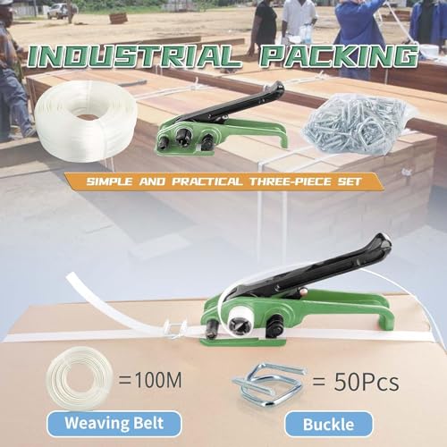 Strapping Tools Kit - 19mm x 100mtr Woven Cord Banding Strap, 1000kg Break Strength, Strapping Tensioner Tool, 50pcs Reusable Buckles