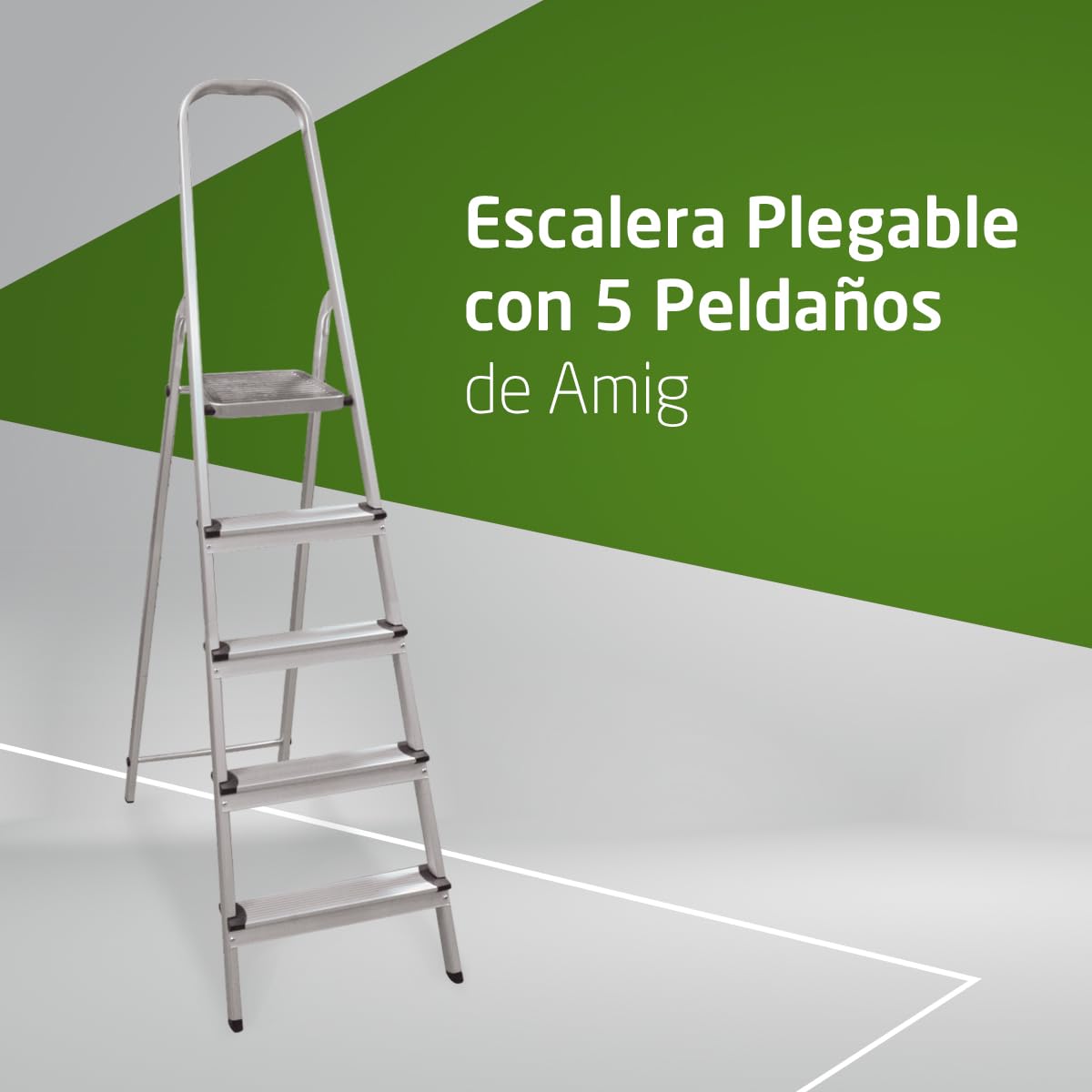Amig - Escalera Plegable con 5 peldaños - Fabricado en Aluminio - Medida de Peldaños Pequeños: 28 cm x 8 cm - Medida de Peldaño Grande: 25 cm x 25 cm x 28 cm - Uso Doméstico - Carga Máxima: 150 kg