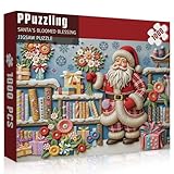 Christmas Puzzles for Adults 1000 Piece, Santa Claus Bookshelf Jigsaw Puzzle, Flower Book Puzzle as Funny Winter Holiday Xmas Decor
