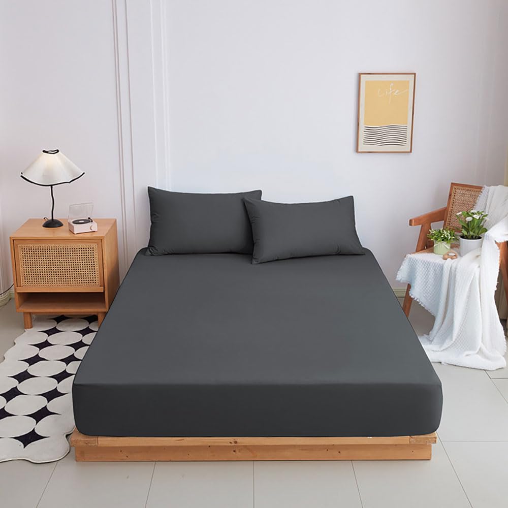 Highdi Fitted Sheets Deep Pocket 20cm, Sheet Bedding washable Sheets Linens Ultra Soft Easy Care Fade Resistant for Single Double King Size Bed (Dark gray,100x200+20cm)