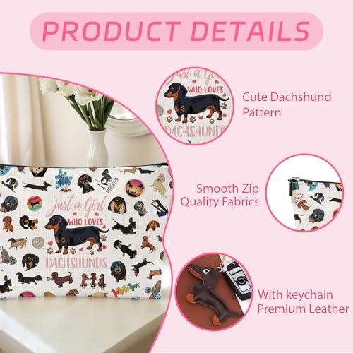 2 Pcs Dackel Geschenke Dackel Tasche Makeup Tasche Mit Reißverschluss Mit 2 Haarspangen Damen und 1 Dackel Schlüsselanhänger Ideal für Tierliebhaber, Großes Fassungsvermögen, Wiederholte Verwendung
