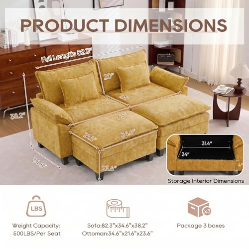 Image of IPKIG 82.3 inch Modular Cloud Couch with Storage, U Shaped Sectional Sofa with Ottoman & Pillow, Chenille Deep Seat Sectional Couches for Living Room, Apartment, Yellow
