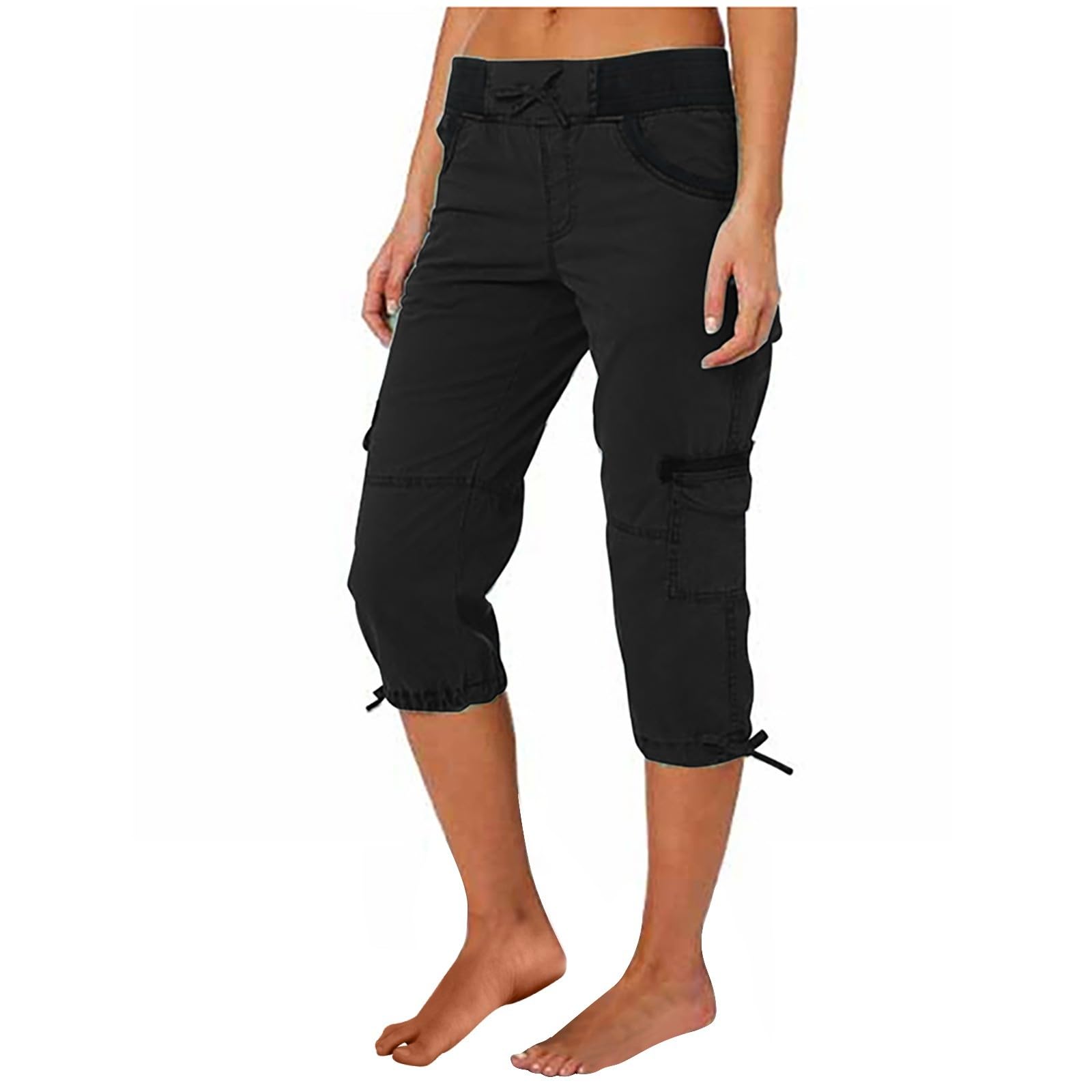 Cargo Shorts for Women High Waisted Stretch Mid-Calf Cargo Joggers Below Knee 3/4 Cropped Beam Capris Trousers Multi-Pocket Outdoor Lightweight Hiking Camping Sweatpants Black