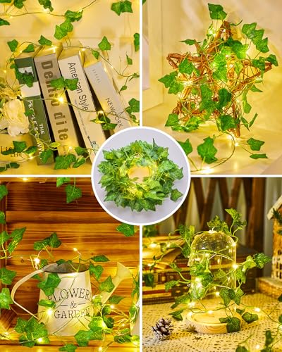 Image of Minetom Vine Lights for Bedroom, 21ft 60LED Fairy Lights Battery Operated with Remote Control, 8 Lighting Modes Ivy Vines String Light for Bedroom Room Wall Wedding Christmas, Warm White
