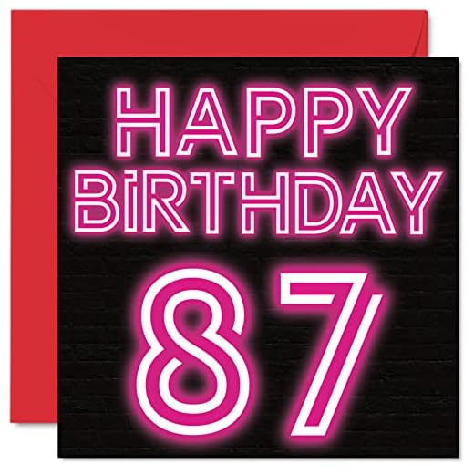 Divertidas tarjetas de cumpleaños de 87 para hombres y mujeres – Neon Glow – Tarjeta de feliz cumpleaños para papá, mamá, tarjetas de felicitación de 145 mmx145 mm, tarjeta de cumpleaños de 87