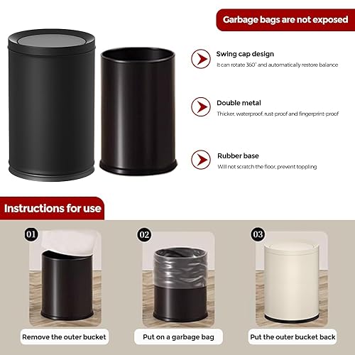 Miniatura 6 de Bote de basura negro de 2.4 galones con tapa, tapa oscilante, cubo doble, papelera pequeña, cubo de basura moderno para baño, dormitorio, oficina,