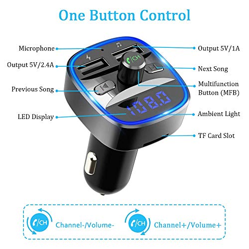 Bovon Bluetooth FM Transmitter for Car, Bluetooth Car Adapter MP3 Player FM Transmitter Receiver, Hands Free Calling, Dual USB Ports (5V/2.4A & 1A), led Display, Support SD Card USB Flash Drive - Thumbnail 6