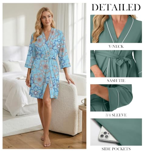 Image of PrinStory Womens Robe Knee Length Soft Knit Bathrobe S-2XL | V-Neck 3 /4 Sleeve Robes with Pockets, Lightweight, Breathable Bath Robe for Shower, Spa, Travel, Home, Party, Nursing