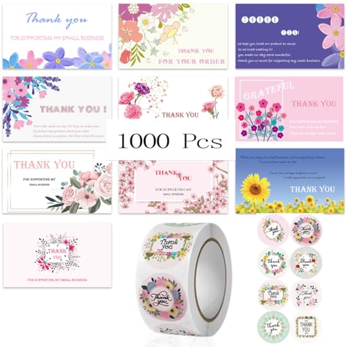 1000 Pcs Thank You for Supporting My Small Business Cards and Stickers Set, 10 Styles-2.2" x 3.54" Include 500 Thank You Cards 500 Thank You Stickers Small Business for Shop, and Local Stores