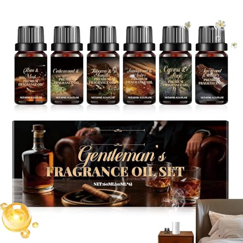 Set de regalo de aceites esenciales para hombres: 6 botellas aromáticas, fragancia de cuero y madera de agar, aceites difusores calmantes profundos, mezcla de relajación masculina | Ideal para se