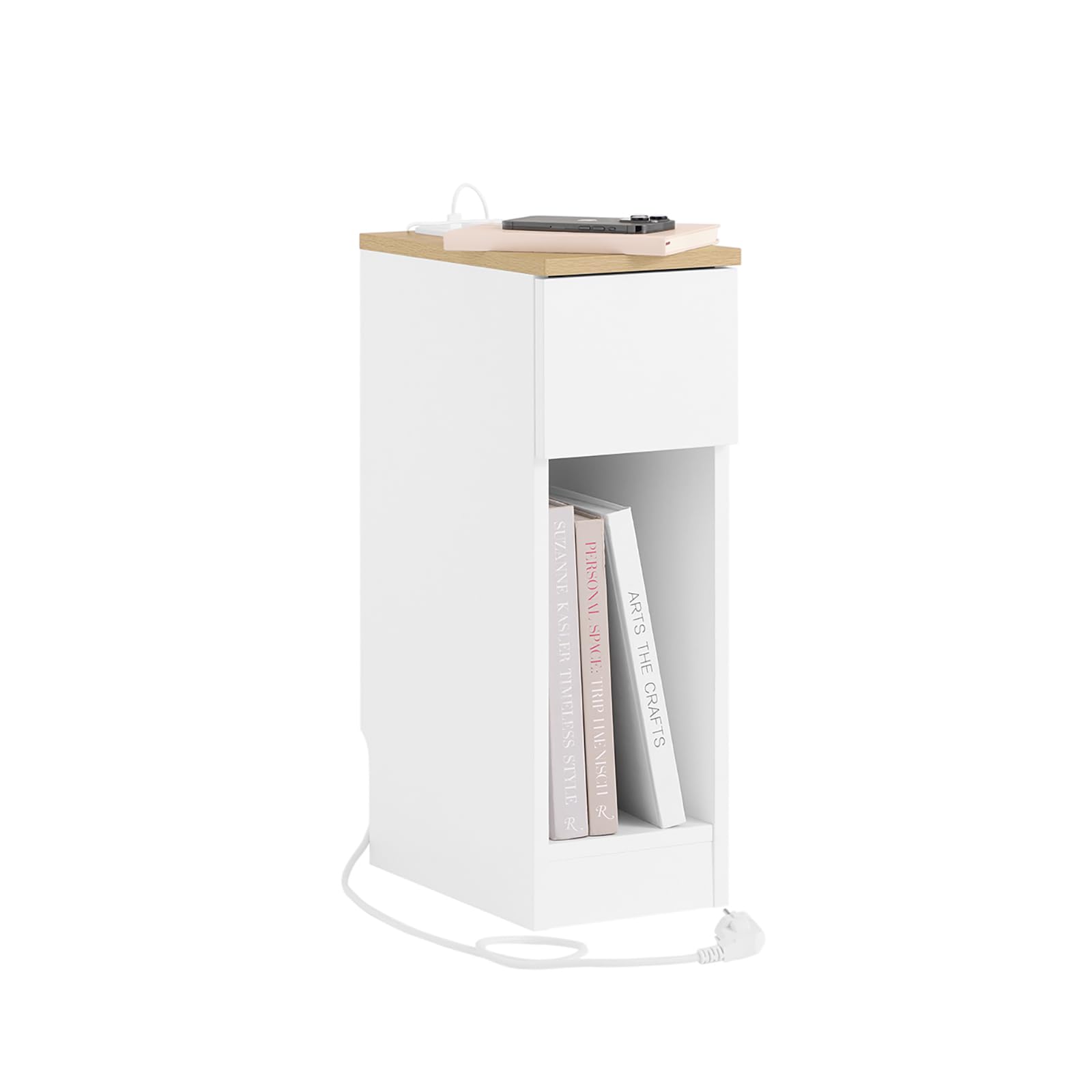 SoBuy Slim Stolik Nocny z Stacją Ładowania, Wąska Szafka Nocna z Gniazdem, Portem USB i Portem Type-C do Sypialni i Salonu, B20 x G35 x W60 cm, Biały, FBT111-E-WN | Stolik nocny Wąski stolik boczny, oszczędność miejsca do sypialni, salonu, małych przestrz