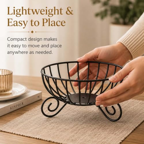 Image of Go Hooked Metal Fruit & Vegetables Basket 23cm | Modern Decorative Wire Fruit Bowl with Scroll Base | Multipurpose Storage Basket for Fruits, Vegetables, Bread, Snacks & Tabletop Display