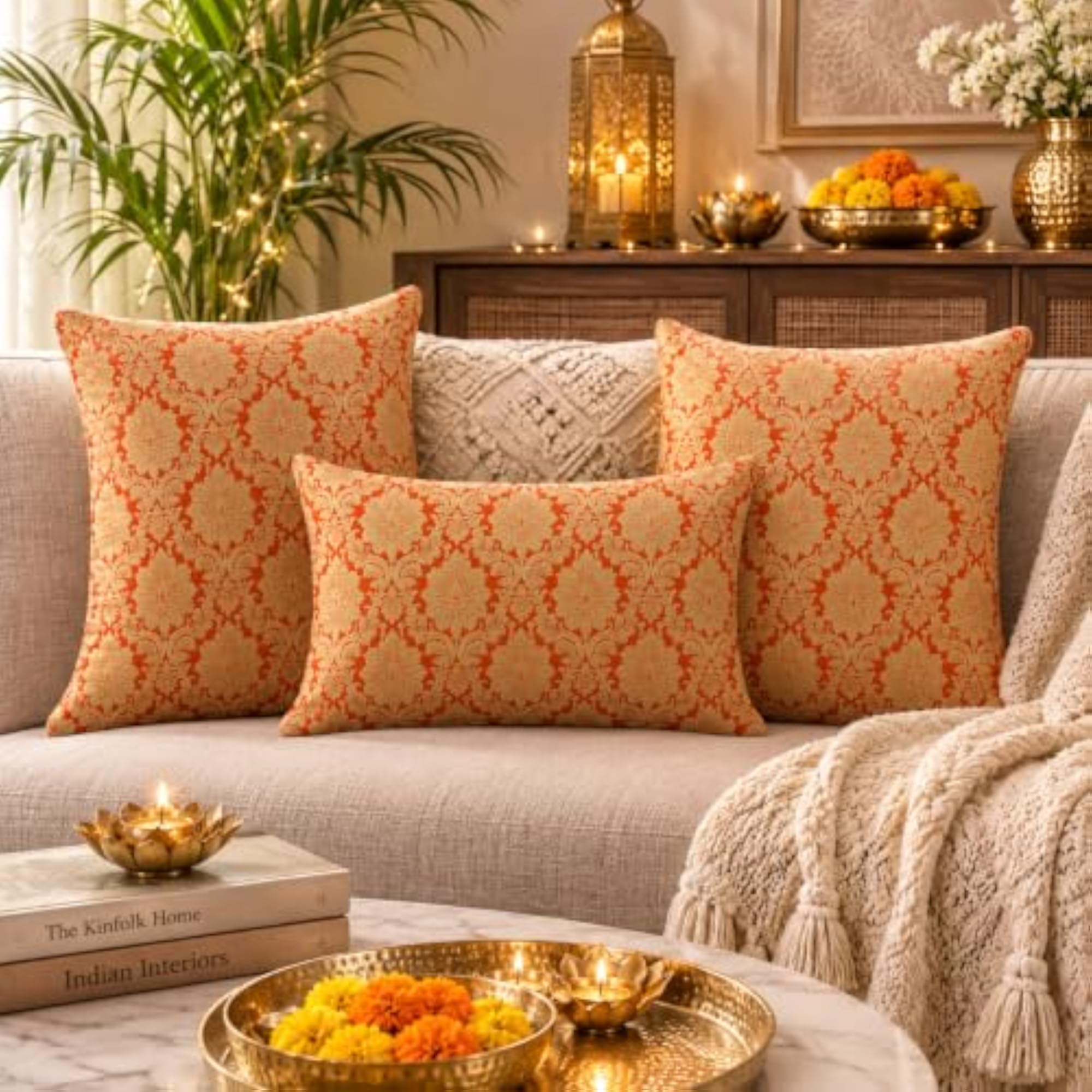 Orange Brocade Silk Throw Pillow Cover, Elegant Home Decor