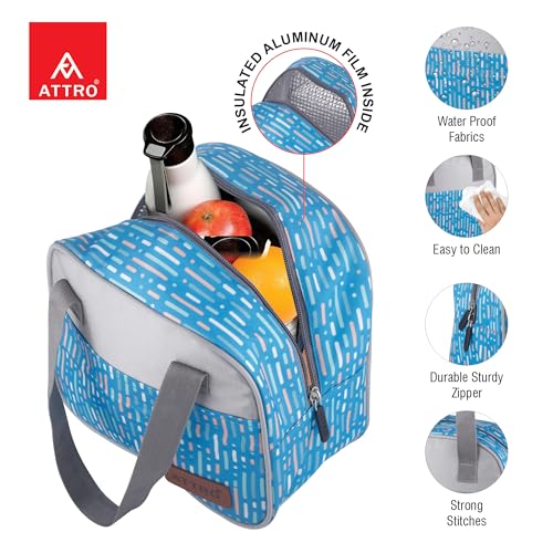 Image of ATTRO Easy Carry Insulated Lunch Bag, 7.5 Liter- Waterproof & Durable, Stylish Carry Bag for Kids, School, Office, Travel & Picnic, Spacious with Easy-to-Carry Handles -Blue