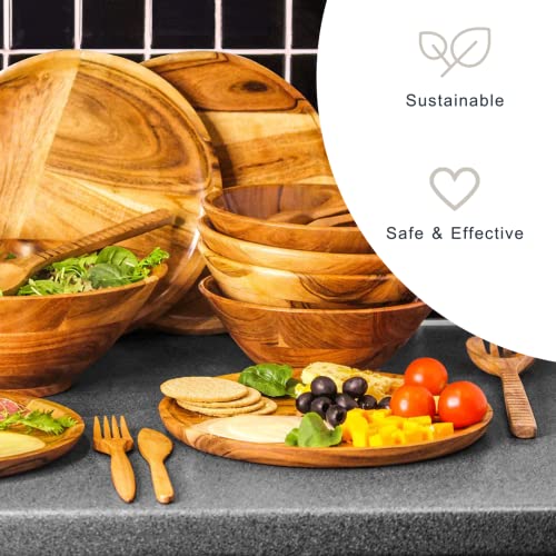 Wooden Plates and Bowls Set Service for 4 (23pcs) - Wooden Salad Bowl Set and Round Acacia Serving Plates Dish. Wooden Dinnerware Set for All Occasions and Wooden Utensils for Eating. - Image 4