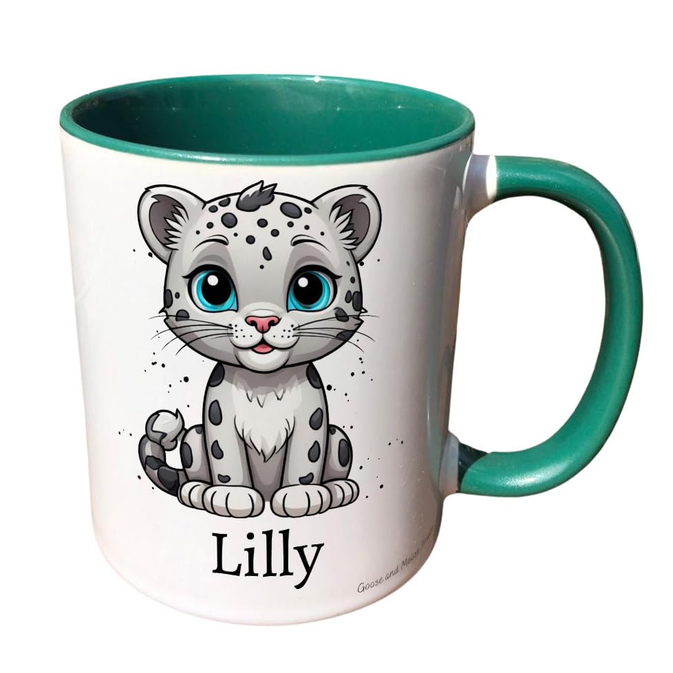 Personalised Snow Leopard Mug, Gift for Safari Lover, Thank you Present for Zoo Animal lover, Housewarming Coffee Cup, Country Kitchenware (White)
