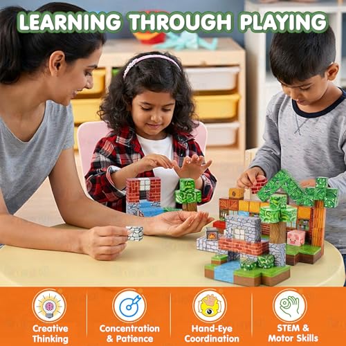 Image of Kidology 100 Pcs Magnetic Building Blocks Set | Creative Construction Tiles for Village Building | STEM Learning Toy for Kids | Imaginative Building, Pretend Play and Sensory Activity | Return Gift
