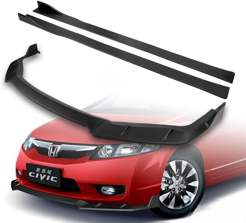 Stay-Tuned, 9PCS ABS GT-Style Front Bumper Lip Spoiler Body Kit + Universal 86"(L) x 4"(W) Side Skirts, Compatible with 2009-2011 Honda Civic 4DR/Sedan, Exterior Accessory (Unpainted Black)