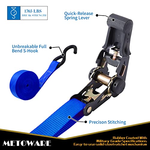 Metoware Ratchet Strap, Tie Down Straps (4 Pack) 1" X 15Ft & 4 Soft Loops - 588 Lbs Load Cap 1764 Lbs Breaking Limit, Ratchet Strap Heavy Duty, Motorcycle Tie Down Straps, For Lawn Equipment (Blue) #TOP4