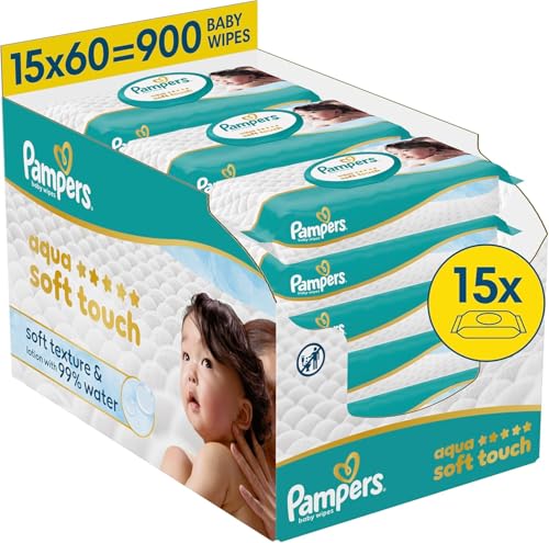 Pampers Aqua Soft Touch Baby-Feuchttücher, 15 Packungen mit 60 Feuchttüchern = 900 Baby-Feuchttücher, weiche Textur & Lotion mit 99% Wasser 1