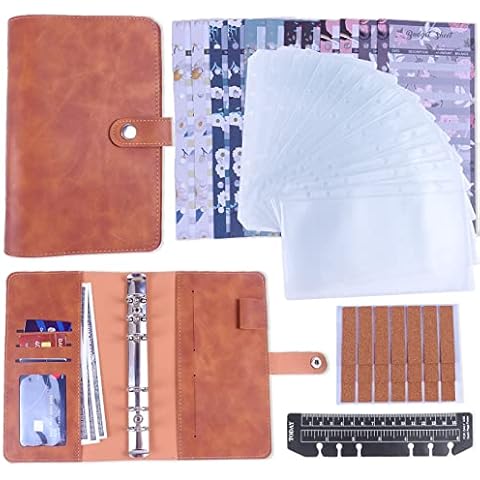 Yelsky A6 Budget Binder, 6 Holes PU Leather Budget Binder Cash Envelope with 12pcs PVC Cash Envelopes and 12 Expense Budget Sheet, Budget Binder with Envelopes Money Organizer for Money Saving Brown Cover