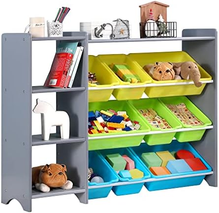 MallBest 4-Tier Kids' Toy Storage Organizer Shelf - 100% Solid Wood,Children's Storage Cabinet with 9 Plastic Bins and and 3 Storage Ports (Grey)