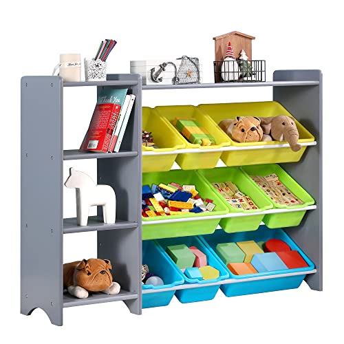 Mallbest 4-Tier Kids' Toy Storage Organizer Shelf - 100% Solid Wood,Children's Storage Cabinet With 9 Plastic Bins And And 3 Storage Ports (Grey) #TOP2