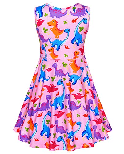 Jeskids Little Girls Dinosaur Dress Sleeveless Casual Twirl Dresses Print Sundress Pink, 8-9 Years #TOP1