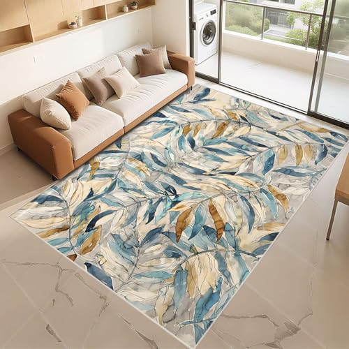 Tapis descente de lit design abstrait de feuilles bleu gris élégant