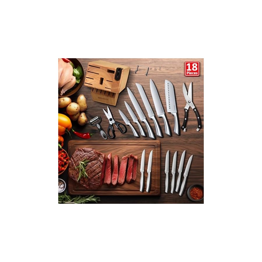 Raxco Kitchen Knife Set with Block & Built-In Sharpener, Stainless Steel Kitchen Knives, Dishwasher Safe, Oak（19-1）