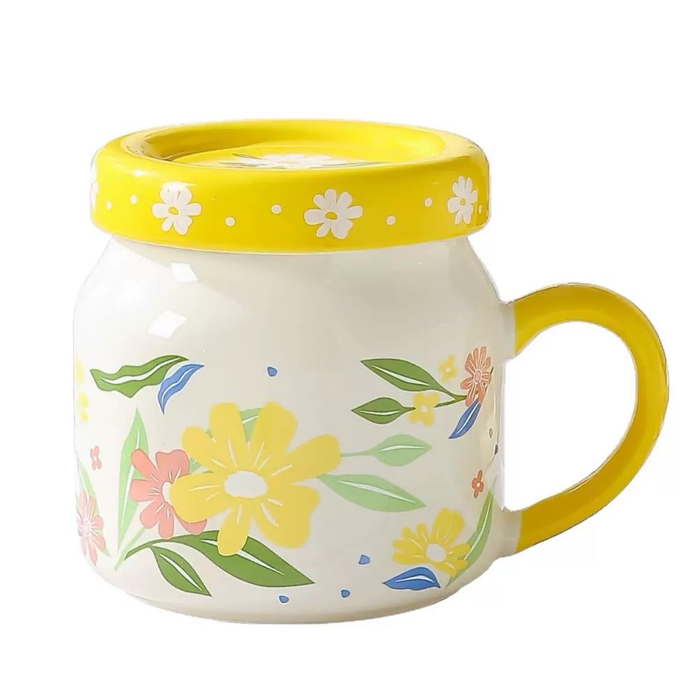 SuperglockT süße Blumentasse Porzellan Kaffeebecher handbemalt Blumenmuster Kakaobecher mit Deckel Milchbecher Cappuccinotasse Geschenk für Mädchen Mutter Oma Freundin (Gelb)